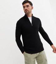 New Look Black Ribbed High Neck 1/2 Zip Muscle Fit Jumper